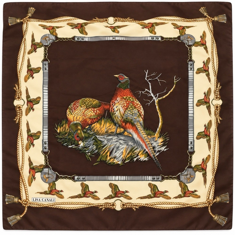 Vintage Lisa Canali Pheasant Scarf Brown 30" Square Equestrian Hunting Country